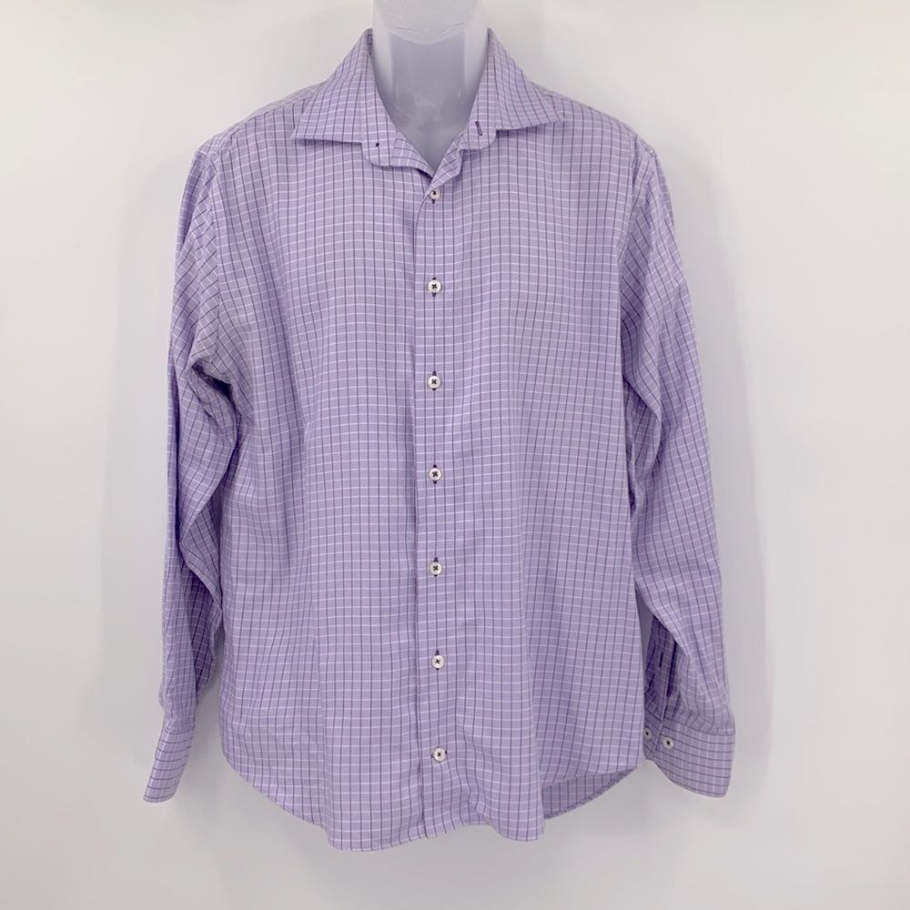 Lorenzo Uomo Mens Purple Plaid Button Up shirt 16‎ 1/2 Trim Fit 34/35